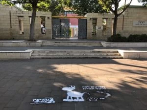 חותמת על המדרכה לעידוד איסוף צרכי הכלבים (צילום: דוברות עיריית מודיעין מכבים רעות)