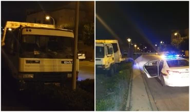 ניידת השיטור והמשאית לאחר שננטשה על ידי הגנב (צילום: פרטי)