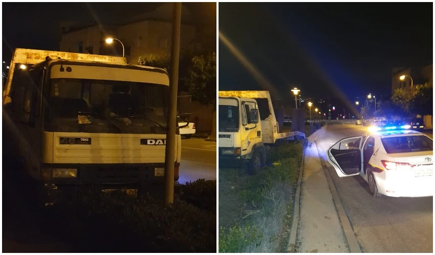 ניידת השיטור והמשאית לאחר שננטשה על ידי הגנב (צילום: פרטי)