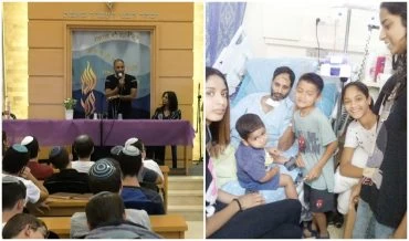 ניב נחמיה ומשפחתו בבית החולים, ההרצאה של נחמיה בבית המדרש (צילומים: משפחת נחמיה, ישיבת בני עקיבא לפיד)