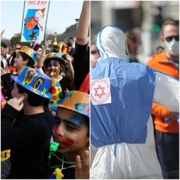 איש רפואה ממוגן מפני נגיף הקורונה, תהלוכת עדלאידע במודיעין בשנה שעברה (צילומים: דודו בכר, חורחה נובומינסקי)