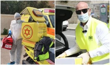 אילן בן-סעדון מחלק חבילות מזון, בדיקות קורונה (צילומים: תיעוד מבצעי מד"א, מתוך דף הפייסבוק של אילן בן-סעדון)