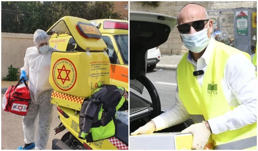 אילן בן-סעדון מחלק חבילות מזון, בדיקות קורונה (צילומים: תיעוד מבצעי מד"א, מתוך דף הפייסבוק של אילן בן-סעדון)
